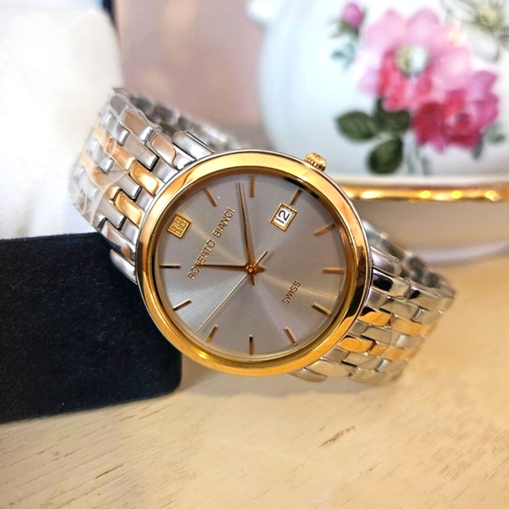 Roberto Bianci Swiss Water Resistant Silver & Gold Link 35mm Watch In Box NWT